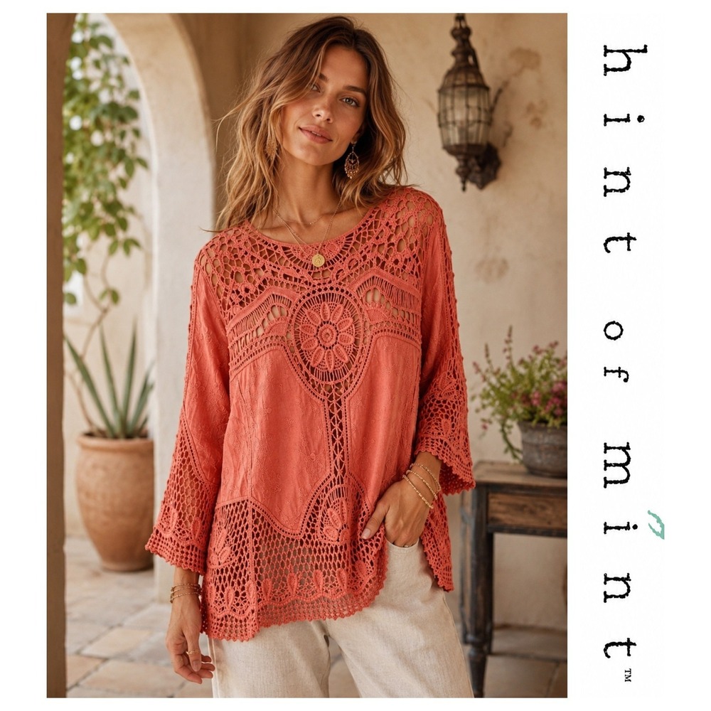 Hint of Mint Coral Crochet Lace Floral Open Knit Cotton Boho Peasant Top L